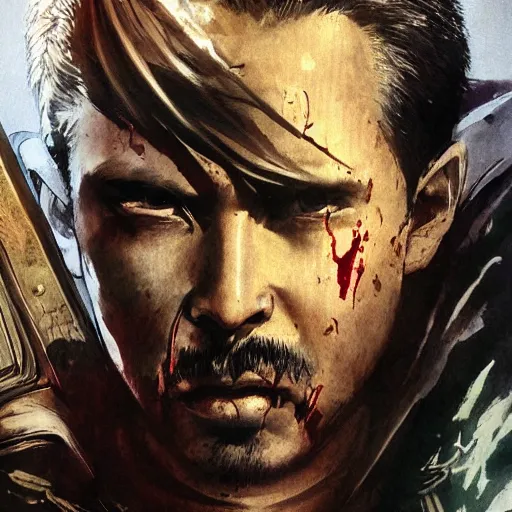 Image similar to portrait of a hero holding his sword in front of his face by yoji shinkawa, high quality, extra details, realism, ornate, colored, golden chain, blood, white skin, short hair, brown eyes, vivid, sunlight, dynamic, american man, freedom, heroism