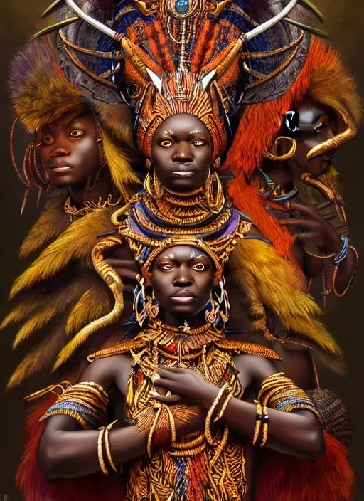 Image similar to : african shamen fantasy, fantasy magic, , intricate, sharp focus, illustration, highly detailed, digital painting, concept art, matte, jahbu art and Paul lewin and kehinde wiley, masterpiece