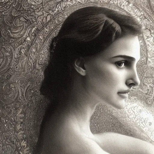 Prompt: a closeup portrait of a young natalie portman, hair in arabesque forms, art nouveau, jugendstil, decorative background, painted by alphonse mucha and klimt