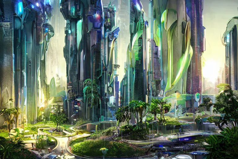 Prompt: futuristic cyberpunk city with Singaporean lush garden with royal white and green and white and luxurious gold colors, advanced civilization, high-end street, Antelope canyon, rocks formed by water erosion, walls made of beautiful smooth sandstone light beams that shine, polish narrow slots of walls into a striated swirling finish, digital painting, concept art, smooth, sharp focus, from Star Trek 2021, illustration, by WLOP and Ruan Jia and Mandy Jurgens and William-Adolphe Bouguereau, Artgerm
