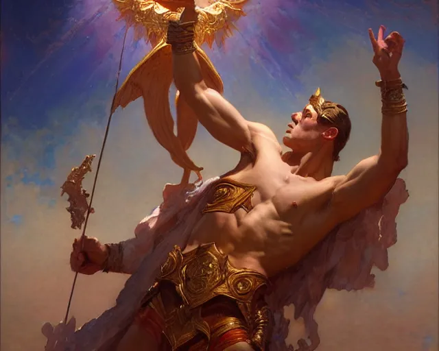 Image similar to attractive heroic male deity, casts magic, summoning handsome heroic lucifer morning star. highly detailed painting by gaston bussiere, craig mullins, j. c. leyendecker 8 k