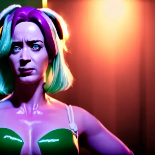 Image similar to cinematic scene with emily blunt as jolyne from jojo's bizarre adventure, live action film, stone ocean, dramatic, small details, volumetric lighting, still frame