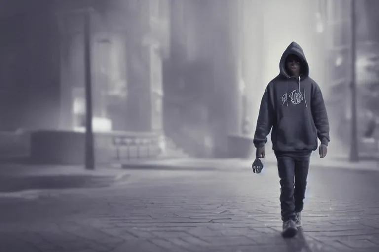 Prompt: a moody teenager in a hoodie walking down the street, dramatic lighting, cinematic scene, trending on Artstation