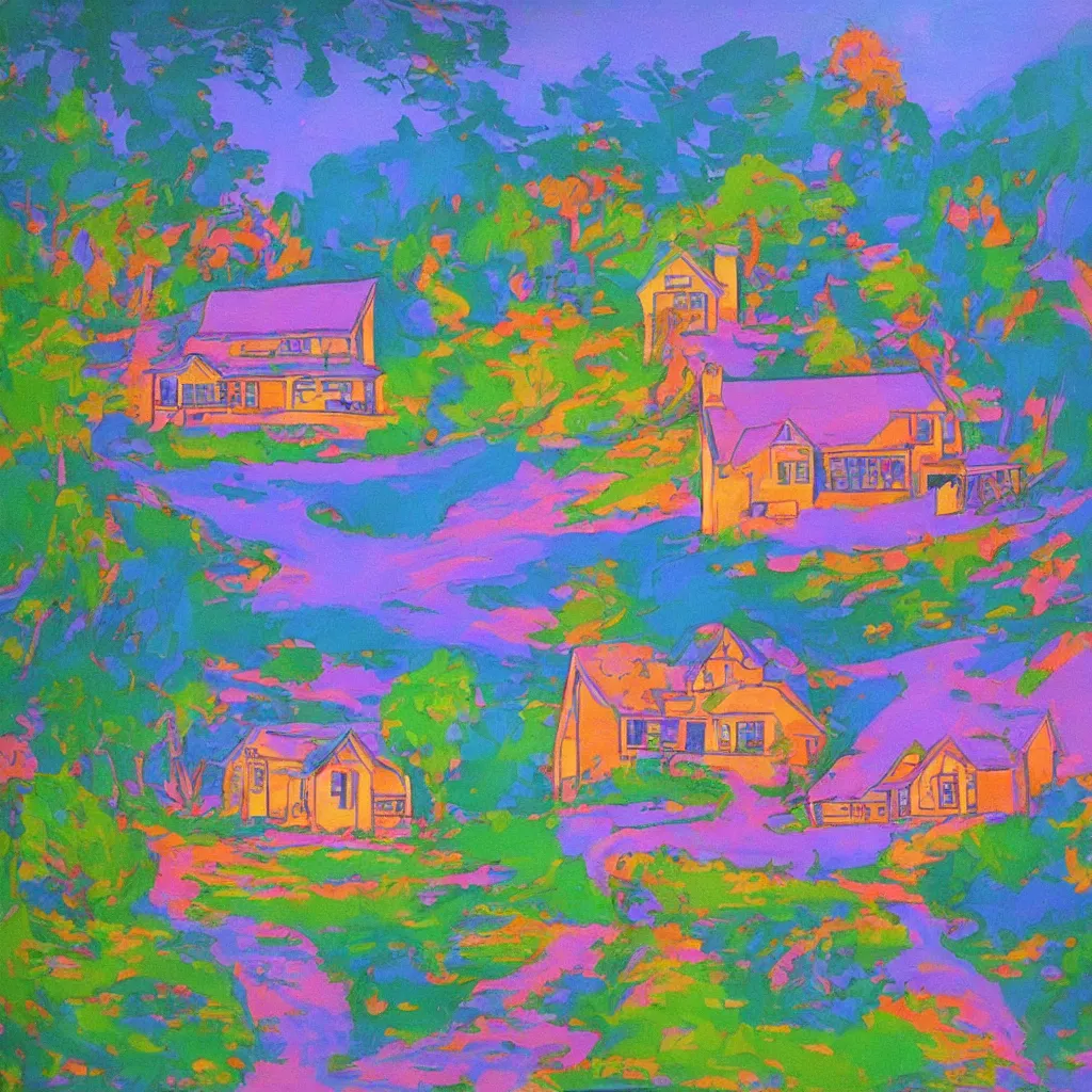 Prompt: beautiful painting of a house in a serene landscape, 60s kitsch and psychedelia