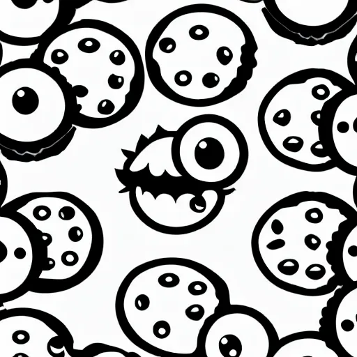 Image similar to book illustration of cookie monster with eight eyes, book illustration, monochromatic, white background, black and white image