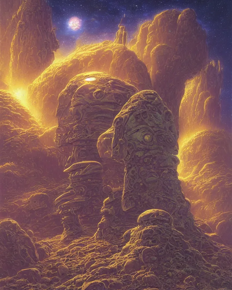 Prompt: cosmic alien planet in space, a single lonely spaceship, ancient alien head stone statues, small astronauts, overgrown, retro futurism by tim hildebrandt, wayne barlowe, bruce pennington, donato giancola, larry elmore, oil on canvas, masterpiece, trending on artstation, cinematic composition, beautiful lighting, sharp, details, hd, 8 k