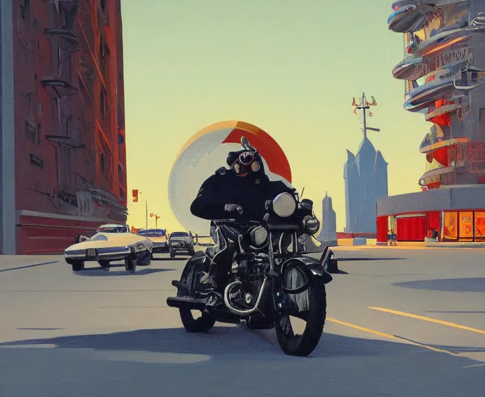 Image similar to a very detailed painting of a astronaut wearing a suit, riding a motorbike down a street, harley davidson motorbike, worm's - eye view, very fine brush strokes, very aesthetic, very futuristic, in the style of edward hopper and grant wood and syd mead, 4 k,