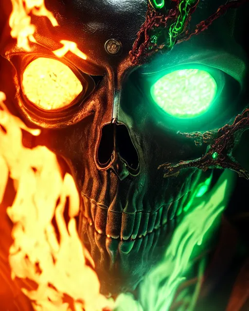 Image similar to green fiery eyes spawn - ghost rider - hybrid, supervillains, intricate artwork, concept art, eyes octane render, deviant art, cinematic, key art, hyperrealism, iridescent accents, portrait photograph, in hell, nikon 3 5 mm, photograph by greg