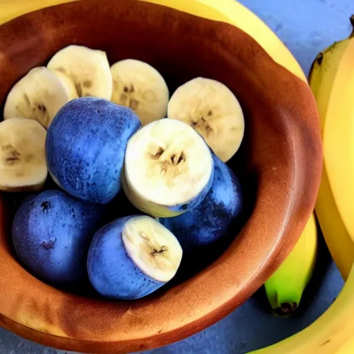 Prompt: blue apple in a bowl of bananas