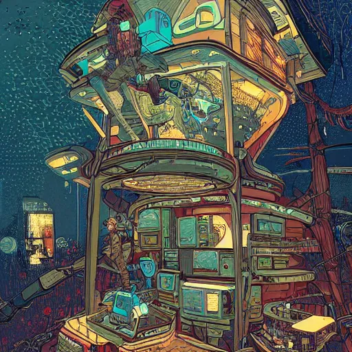 Image similar to Stunningly intricate illustration of a cyberpunk explorer playing video games in his treehouse, highly detailed, midnight, by Victo Ngai and James Gilleard , Moebius, Laurie Greasley