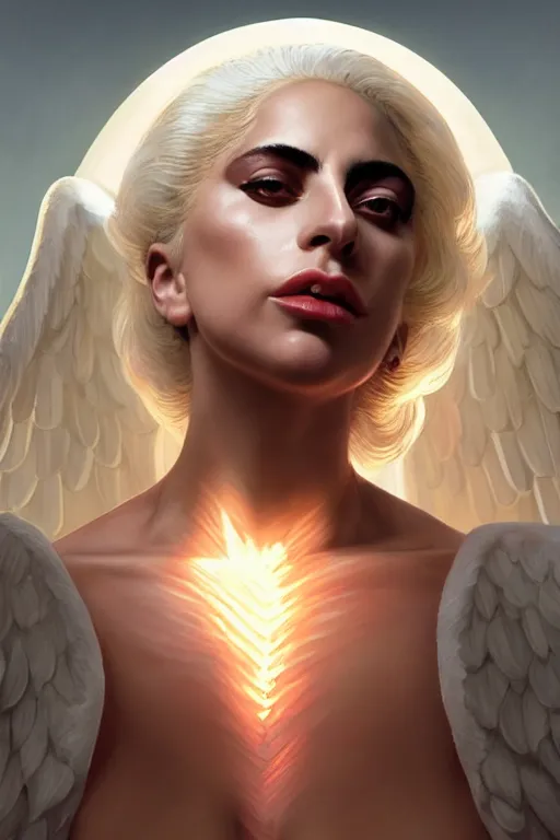 Prompt: lady gaga as a heavenly angel, anatomy, bathed in light, highly detailed, photorealistic, artstation, smooth, sharp focus, illustration, unreal engine 5, 8 k, art by artgerm and greg rutkowski and edgar maxence