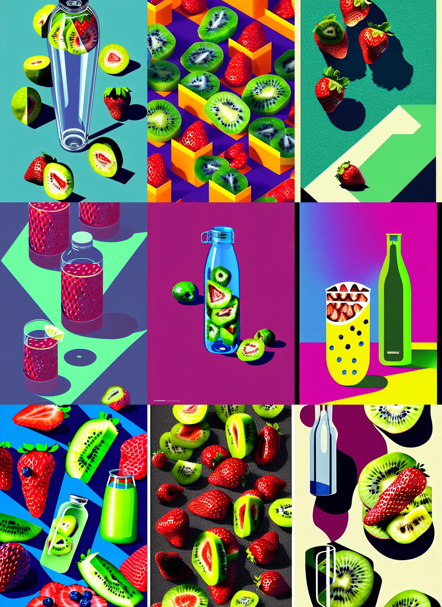 Prompt: ( ( dither ) ), editorial illustration strawberries blueberries sliced kiwi sliced lemon inside a clear drinking bottle, isometric, modern art deco, ( ( mads berg ) ), detailed, dynamic composition, wide angle, matte print, strong grain, art nouveau, karolis strautniekas, ilya kuvshinov, strong shadow, stippled light