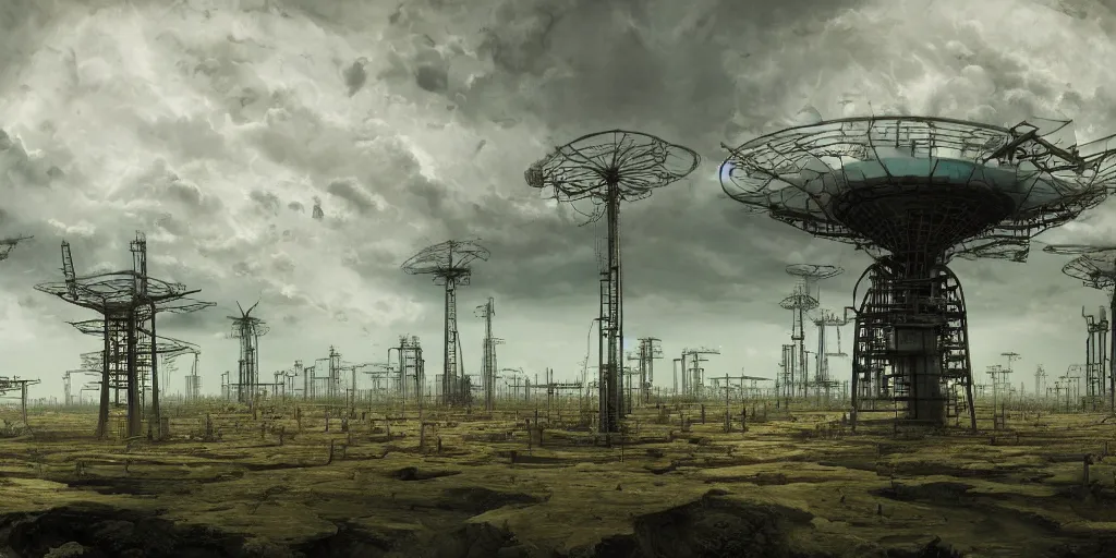 Image similar to hyper detailed digital matte painting of numerous futuristic oil pump jacks, sprawling across empty and parched landscape, by francisco goya, chernobyl style industrial green matte, hypermaximalist, behance hd, a masterpiece, artstation, nightcafe, unsettling, mysterious, odd, by stephan martiniere and alexander fedosav