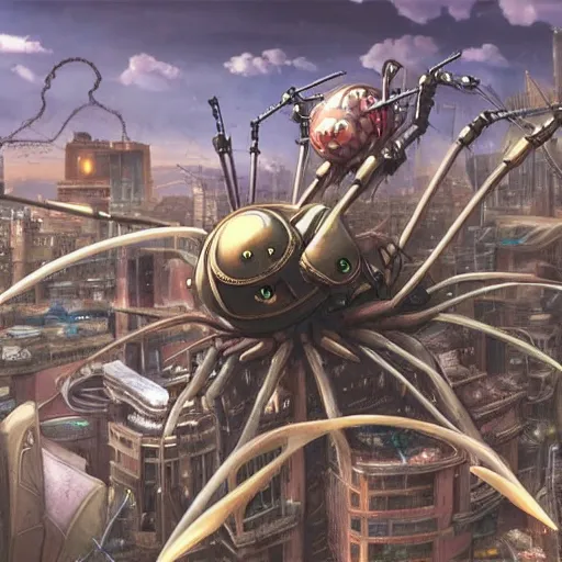 Prompt: a giant steampunk spider attacking a city, defense cannons can be seen trying to shoot it down, studio ghibli, anime, extremely detailed, intense, cinematic drone shot, cinematic lighting,