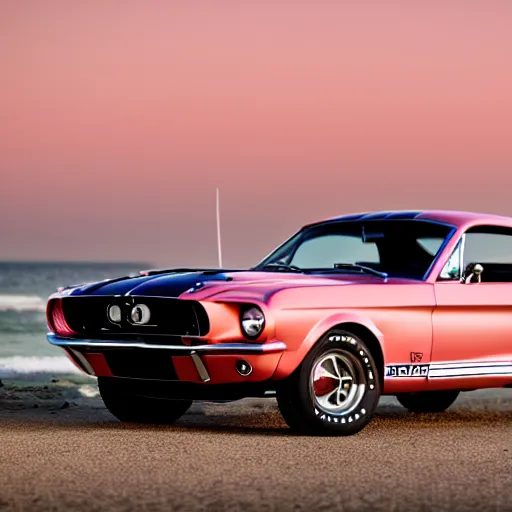 Image similar to long shot of 1967 Ford mustang Shelby GT500 in pink color at sunset in front a beach, 4k, HD Photography