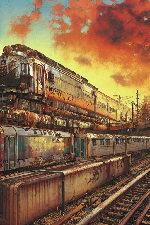 Image similar to trains covered in dripping graffiti paint, by lawrence alma tadema and zdzislaw beksinski and norman rockwell and jack kirby and tom lovell and greg staples and hiroshi yoshid and moebius and loish and artgerm, painterly, symmetrical, ultra detailed, hyper realistic, illustration, sunset lighting