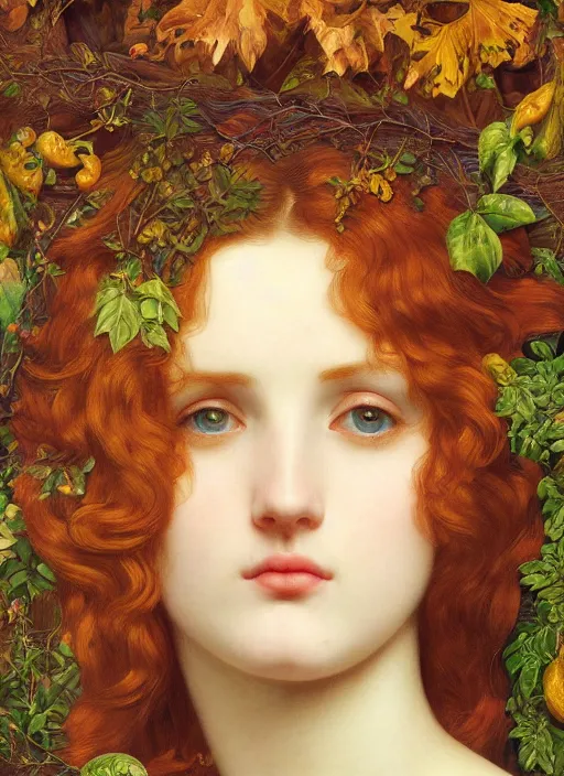 Prompt: masterpiece beautiful seductive flowing curves preraphaelite face portrait amongst leaves, extreme close up shot, straight bangs, thick set features, yellow ochre ornate medieval dress, raven, amongst foliage mushroom forest circle arch framing, frederic leighton and kilian eng and rosetti, 4 k