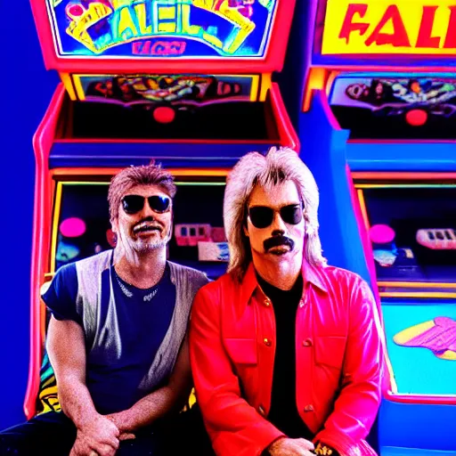 Image similar to hall and oates in an arcade 1 9 8 8, ( sony a 7 r iv, symmetric balance, polarizing filter, photolab, lightroom, 4 k, dolby vision, photography awardm, voque, perfect face )