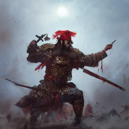 Prompt: guan yu fighting enemy soldiers, chinese military general, high detail, dramatic light, digital art, painted by seb mckinnon, painted by greg rutkowski, trending on artstation
