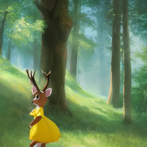 Image similar to concept art painting of an anthropomorphic chubby doe wearing yellow dress, in the deep forest, realistic, detailed, cel shaded, in the style of makoto shinkai and greg rutkowski and james gurney