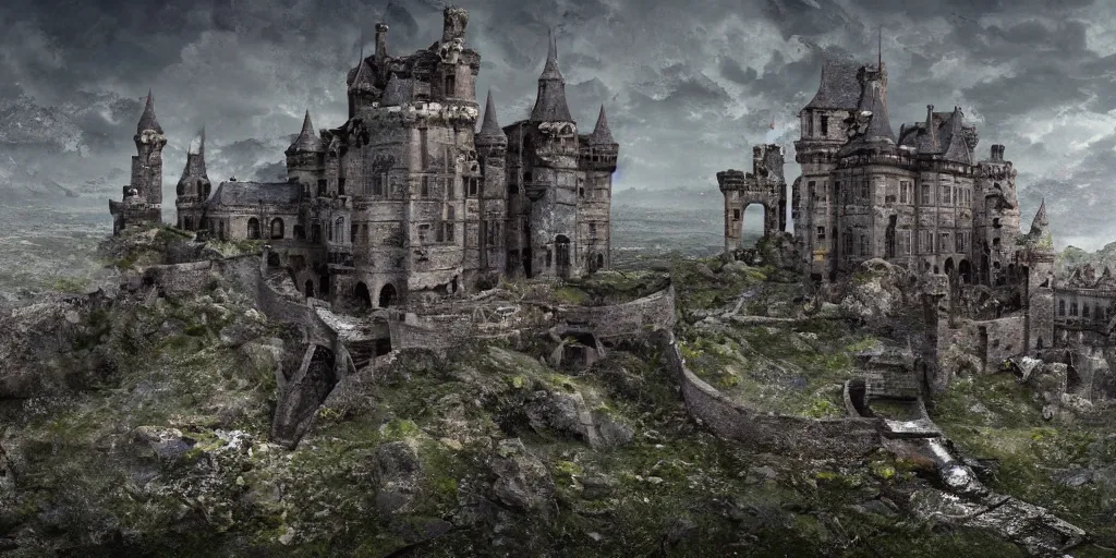 Image similar to a abandoned castle on the edge of a high cliff, 8 k, shallow depth of field, intricate detail, concept art,