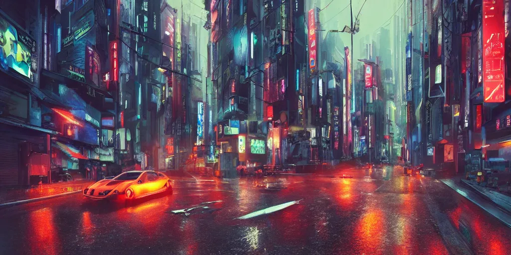 Image similar to Cyberpunk street with futuristic car in the foreground on a rainy day in Japan, evening, low angle view, detailed matte painting, cinematic, Moebius, Artstation