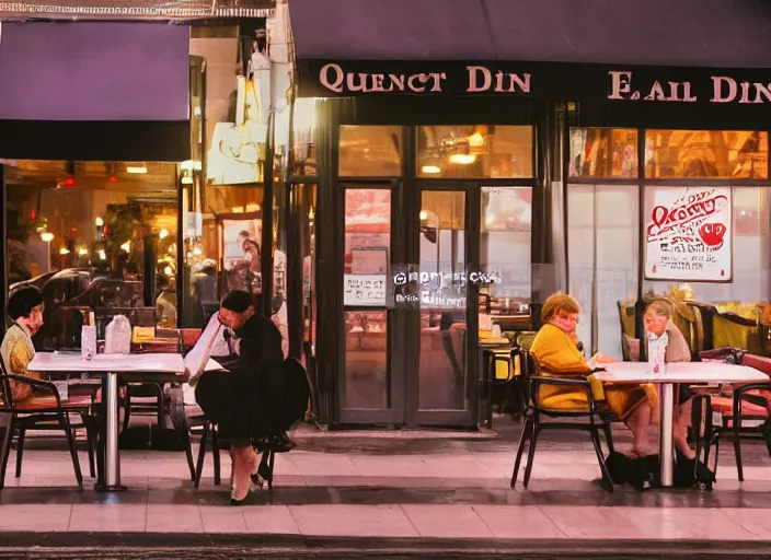 Prompt: Professional Photography, Queen Elizabeth dines alone at a diner at night