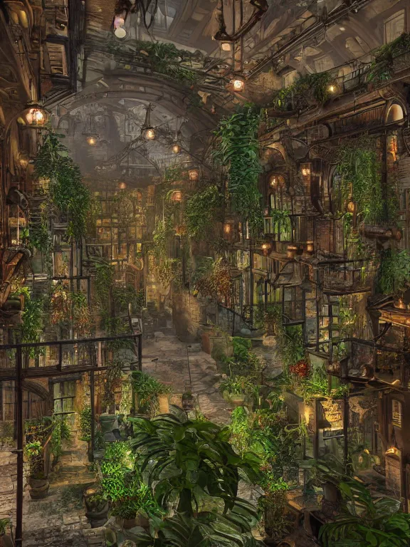 Image similar to A scenic view of A steampunk hall full of plants in undercity district depth ,by guido borelli ,vray Lumion