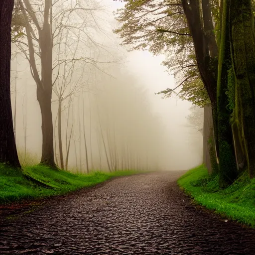 Image similar to beautiful small down, cobblestone roads, low light, end of day, trees, forest in the distance, light mist