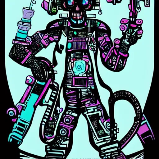 Image similar to a cyberpunk skull character drawn by genndy tartakovsky in the style of samurai jack