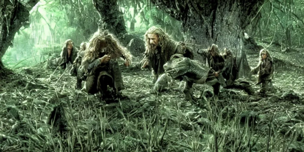 Image similar to movie film still scene, lord of the rings with frogs