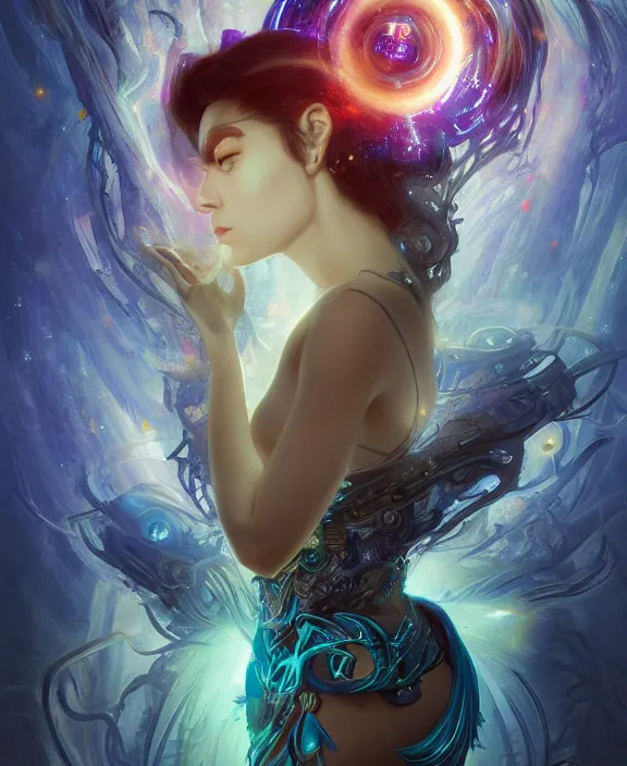 Image similar to a whirlwind of souls rushing inside the metaverse, half body, glowin eyes, tiara with sapphire, pharaoh, android, cyberpunk, d & d, fantasy, intricate, elegant, highly detailed, colorful, vivid color, digital painting, artstation, concept art, art by artgerm and greg rutkowski and alphonse mucha and ruan jia