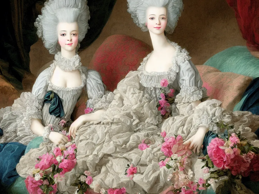 Image similar to digital art, marie antoinette beautiful young woman with baroque wig with flowers laying on couch,