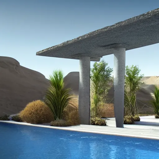 Image similar to architectural rendering of brutalism building in the desert, biophilia style, pool, garden
