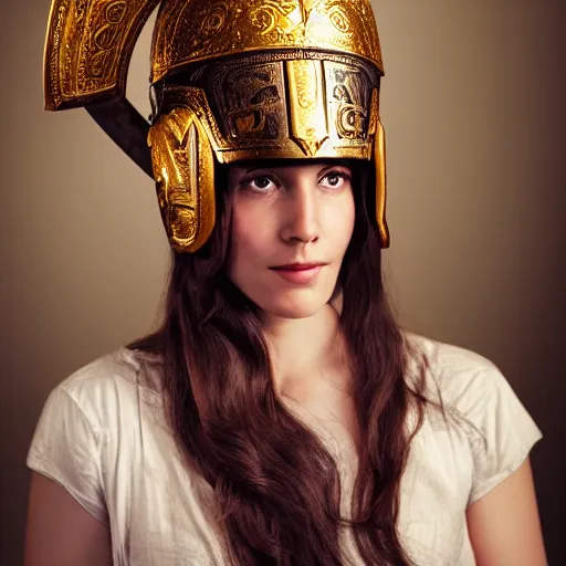 Prompt: a beautiful medium shot of athena the ancien greek goddess as a beautiful model looking of into the distance, wearing an antique athenian warrior helmet on her head, wearing an ancien greek white tunic with bleu patterns, beautiful natural backlit light failing on her face, golden hour, by annie leibowitz