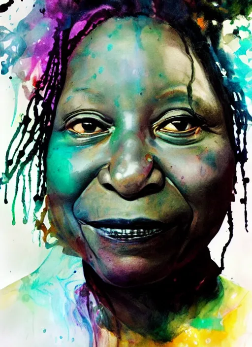 Prompt: whoopi goldberg by agnes cecile, luminous design, pastel colours, ink drips, autumn lights