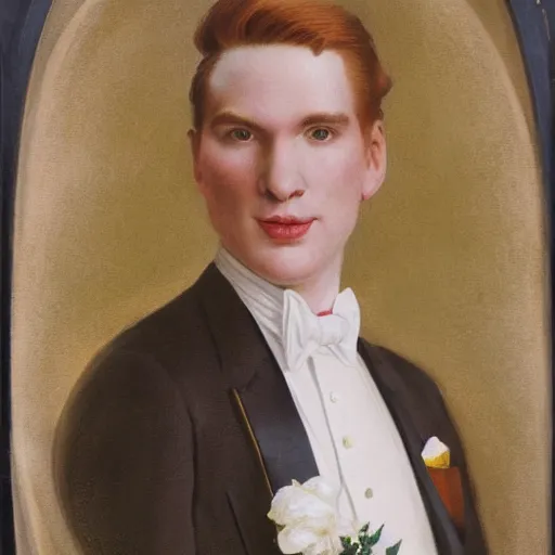 Prompt: a young red - haired man with a symmetrical clean - shaven face, red hair slicked back, wearing a white tuxedo jacket with a yellow popper flower in its lapel, white cummerbund, white shirt, white pants, and white shoes, in the style of j. c. leyendecker