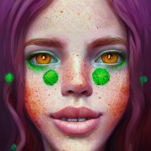 Prompt: close up portrait of a beautiful smiling girl with orange hair and freckles, green eyes, happy intricate, elegant. highly detailed, digital painting, artstation, concept art, smooth, sharp, focus, illustration. background is purple, art by artgerm and Ross Tran