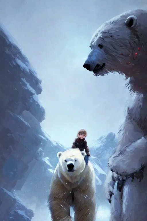 Image similar to comic book cover. giant fluffy polar bear ridden by a small girl by greg rutkowski, trending on artstation