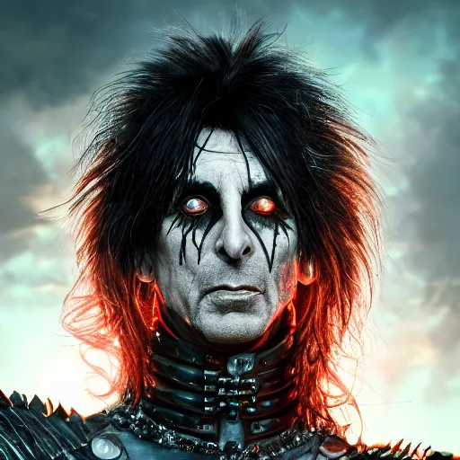 Image similar to stunning headshot of Alice Cooper, with smooth and streamlined armor, standing and posing elegantly, well detailed face, beautiful digital art, artstation, DeviantArt, FurAffinity, professional, depth of field, close-up, hd, octane render, sunset lighting