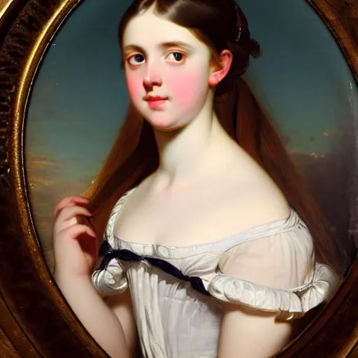 Image similar to portrait of a german teenage princess, circa 1 8 5 0 by franz xaver winterhalter, highly detailed, beautiful, oil on canvas, 1 8 5 0 s, romanticism