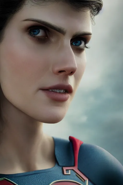 Image similar to a fancy close up of Man of Steel cast as Alexandra Daddario by Greg Rutkowski, Sung Choi, Mitchell Mohrhauser, Maciej Kuciara, Johnson Ting, Maxim Verehin, Peter Konig, 8k photorealistic, cinematic lighting, HD, high details, dramatic, trending on artstation, full body shot