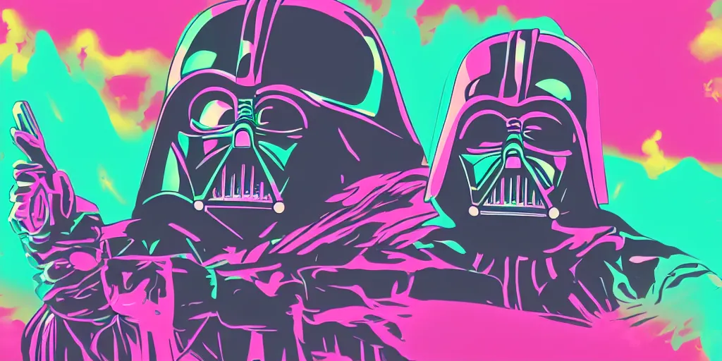 Image similar to vaporwave, vector graphics, synthwave, neon, darth vader snowboarding
