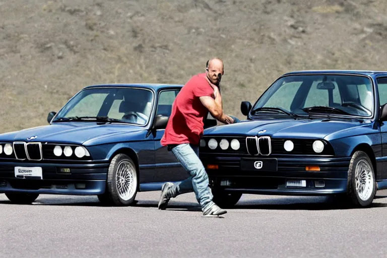 Prompt: Angry Jason Statham picks up BMW e30