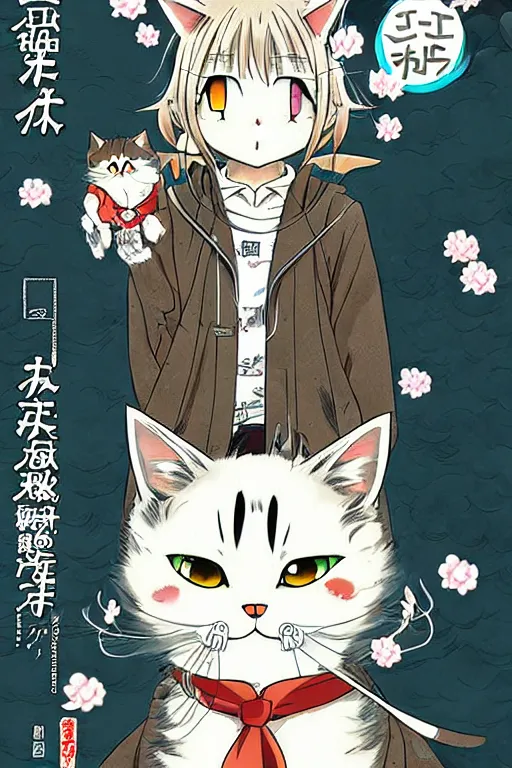 Image similar to a cover of japanese manga about a cute cat find the owner in apocalypse cruel world, high detail, anime cover, illustrated