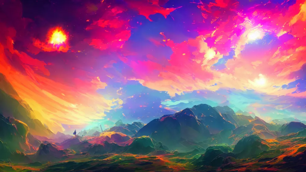 Prompt: an explosion of colorful plasma balls covering the sky, bright godrays, vibrant colors, by sylvain sarrailh, rossdraws, ambient light, ultra detailed, fantasy artwork, 8 k, volumetric lighting, trending on artstation, award winning, beautiful scenery, very beautiful.