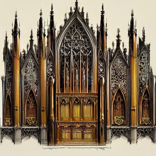 Image similar to ornate gothic organ console, designed by alan lee and john howe, detailed color concept art sketch