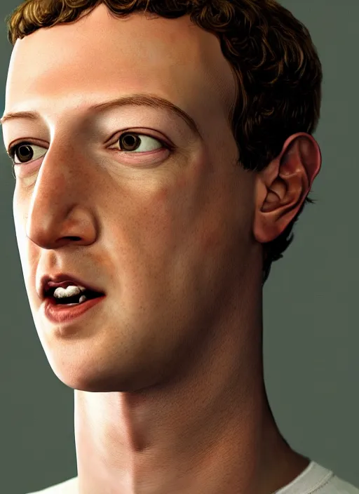 Image similar to portrait of mark zuckerberg with long long neck and lizard eyes and snake tongue, hyper detailed, digital art, trending in artstation, cinematic lighting, studio quality, smooth render, unreal engine 5 rendered, octane rendered, art style by klimt and nixeu and ian sprigger and wlop and krenz cushart.