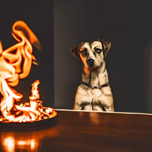 Prompt: a photograph of a room on fire, an human-like relaxed dog sitting at a table, ☕ on the table, surrounded by flames, a lot of flames behind the dog, smoke under the ceiling