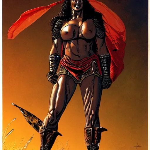 Image similar to a muscular bronze - skinned black - haired woman warrior wearing xena armor and a red cape, on a hostile planet, highly detailed, ron cobb, moebius, heavy metal magazine, mike mignola, trending on art station, illustration, comic book